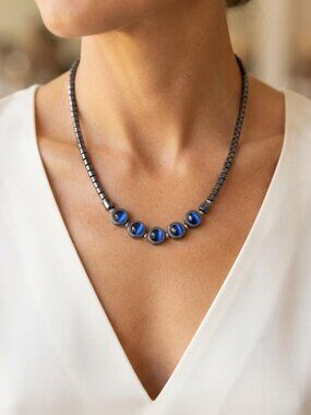 Vintage Hematite Cylinder Bead Necklace with Blue Cat's Eye Stones